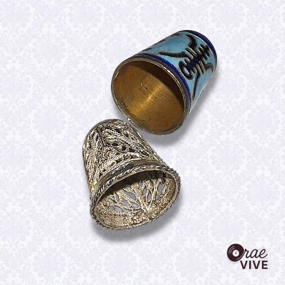 Vintage Chinese Cloisonné Thimble Set of 2 - Floral & Bird Enamel - Picture 3 of 4